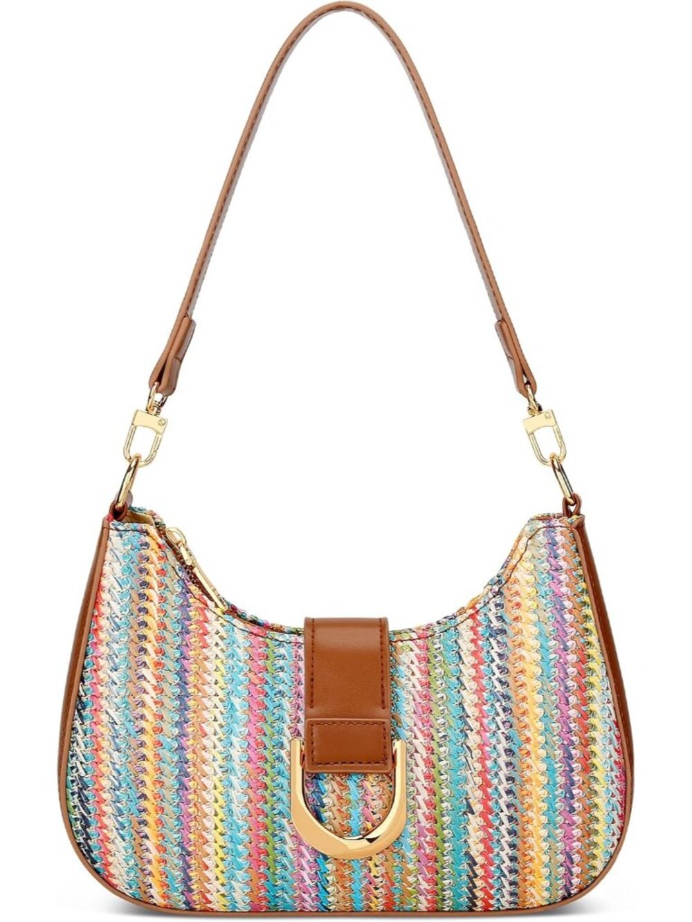 👜Women Straw Rainbow Shoulder Bag Trendy PU Vegan Leather Everyday Cute Handbag